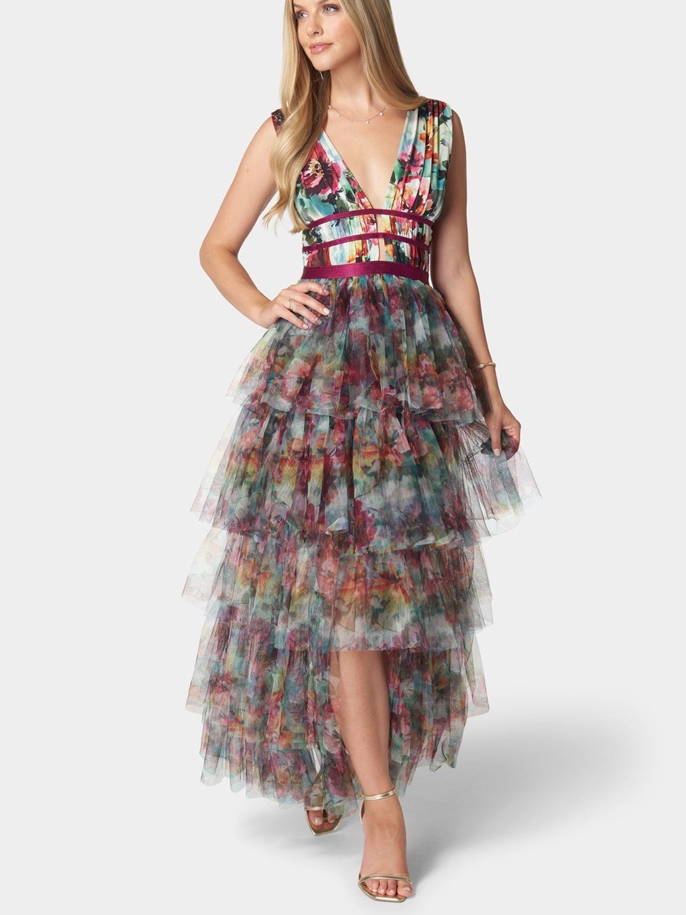 bebe Tiered High Low Gown Floral Maxi Gown Size Small NWT - Picture 7 of 7